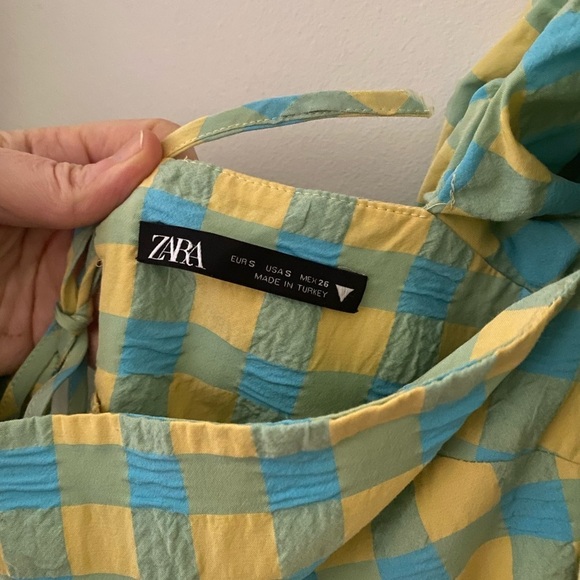 Blogger Favorite Zara Pastel Blue Yellow Puff Sleeve Dress Checkered size Small - Picture 6 of 7